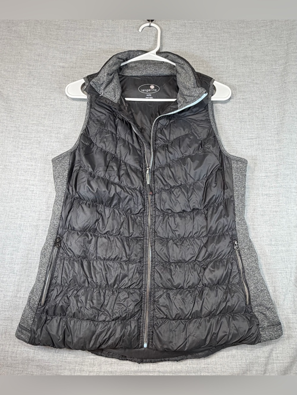 Tangerine Black Quilted Hybrid Vest with Gray Knit Sides-duck down filled
